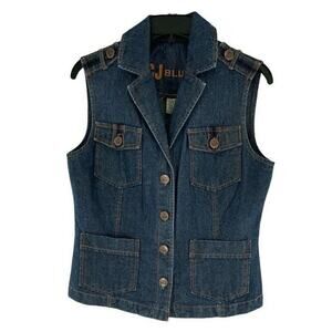 CJ Blue Vest Women's Size Small Sleeveless Collared Buttons Multi Pockets Denim